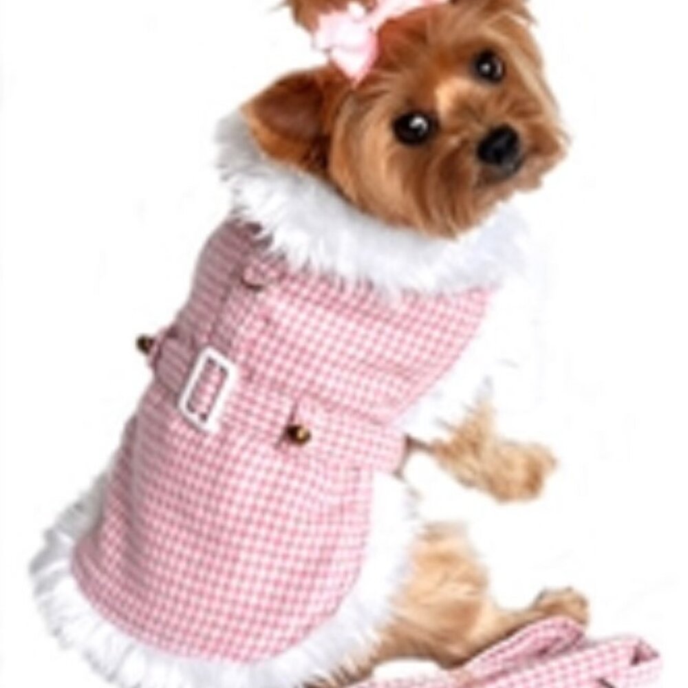 PRICE REDUCED! Pink and White Houndstooth Faux Fur-Trimmed Dog Coat Harness